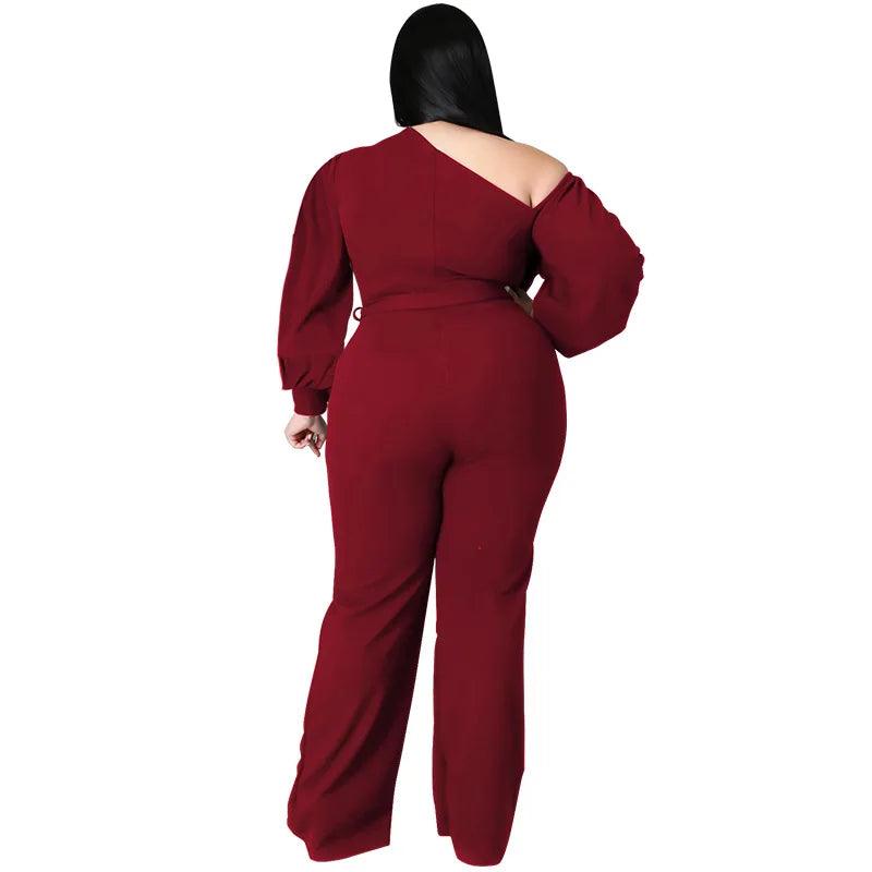 Perl Sloping Shoulders Plus Size Women Clothing Full Sleeve Jumpsuit with Belt Wide Leg One Piece Overall Autumn Outfit - Shop & Buy