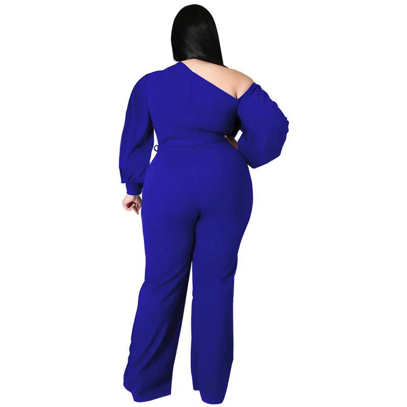 Perl Sloping Shoulders Plus Size Women Clothing Full Sleeve Jumpsuit with Belt Wide Leg One Piece Overall Autumn Outfit - Shop & Buy