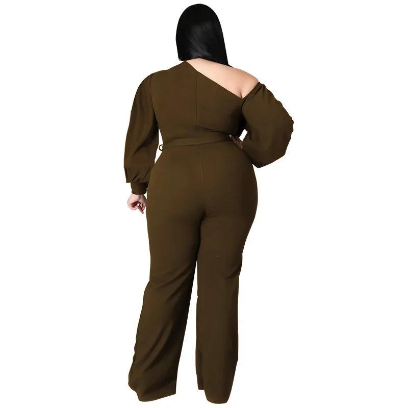 Perl Sloping Shoulders Plus Size Women Clothing Full Sleeve Jumpsuit with Belt Wide Leg One Piece Overall Autumn Outfit - Shop & Buy