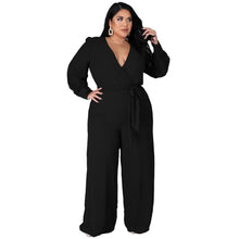 Load image into Gallery viewer, Perl Temperament Loose Straight Solid Color Belted Jumpsuit V-neck Rompers Wide Leg Overall Plus Size Clothes for Women - Shop &amp; Buy
