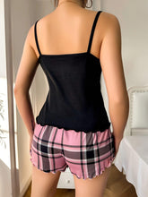 Load image into Gallery viewer, Plaid Heart &amp; Letter Print Frill Trim Pajama Set, Casual Round Neck Backless Cami Top &amp; Elastic Shorts - Shop &amp; Buy
