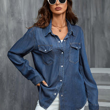 Load image into Gallery viewer, Plain Long Sleeves Denim Shirt, Single Breasted Button Non-Stretch Lapel Denim Shirt, Women Denim Clothing - Shop &amp; Buy
