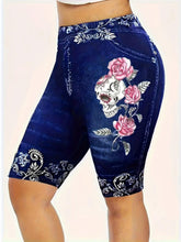 Load image into Gallery viewer, Plus Size Casual Denim Print Shorts, Womens Plus Floral &amp; Skull Print Medium Stretch Skinny Fit Biker Shorts - Shop &amp; Buy
