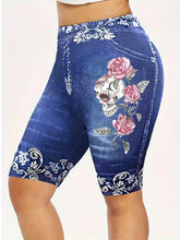 Load image into Gallery viewer, Plus Size Casual Denim Print Shorts, Womens Plus Floral &amp; Skull Print Medium Stretch Skinny Fit Biker Shorts - Shop &amp; Buy
