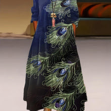 Load image into Gallery viewer, Plus Size Casual Dress, Women&#39;s Plus Peacock Print Long Sleeve Round Neck Medium Stretch Maxi Dress - Shop &amp; Buy
