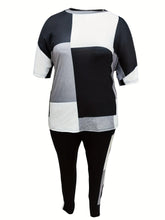 Load image into Gallery viewer, Plus Size Casual Outfits Set, Women&#39;s Plus Colorblock Geometric Print Long Sleeve Round Neck Top &amp; Pants - Shop &amp; Buy
