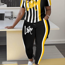 Load image into Gallery viewer, Plus Size Charm - Comfort Crew Neck T-Shirt &amp; Flattering Skinny Pants Set, Bold Love Print with Striped Stylish Design - Shop &amp; Buy
