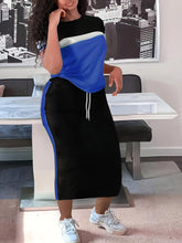 Load image into Gallery viewer, Plus Size Colorblcok Two-piece Skirt Set, Crew Neck Short Sleeve Top &amp; Drawstring Skirts Outfits - Shop &amp; Buy
