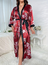Load image into Gallery viewer, Plus Size Elegant Bathrobe Set, Women&#39;s Plus Satin Floral Print Cowl Neck Cami Top &amp; Shorts &amp; Contrast Binding Long Sleeve Open Front Robe Pajamas - Shop &amp; Buy
