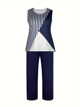 Load image into Gallery viewer, Plus Size Elegant Color Block Pants Set, Striped Sleeveless Crew Neck Tank Top &amp; Solid Wide Leg Pants Outfits - Shop &amp; Buy
