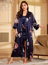 Load image into Gallery viewer, Plus Size Elegant Pajamas Set, Women&#39;s Plus Floral Print Long Sleeve Open Front Satin Belted Robe &amp; Cami Dress - Shop &amp; Buy
