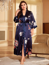Load image into Gallery viewer, Plus Size Elegant Pajamas Set, Women&#39;s Plus Floral Print Long Sleeve Open Front Satin Belted Robe &amp; Cami Dress - Shop &amp; Buy
