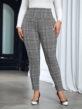 Load image into Gallery viewer, Plus Size Elegant Pants, Womens Plus Plaid Print Elastic High Rise Slight Stretch Skinny Trousers - Shop &amp; Buy
