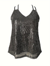 Load image into Gallery viewer, Plus Size Elegant V Neck Sequined Cami Top - Shining Metallic Fabric, Medium Stretch, Sleeveless, Solid Color, Summer Essential - Shop &amp; Buy
