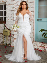 Load image into Gallery viewer, Plus Size Enchanting Mermaid Wedding Gown with Floral Mesh Detailing, Elegant Illusion Sleeves - Shop &amp; Buy
