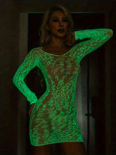 Load image into Gallery viewer, Plus Size Enchanting Nighttime Chemise - Patterned Fishnet Long Sleeve Lingerie Dress that Glows In The Dark - Shop &amp; Buy
