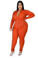 Load image into Gallery viewer, Plus Size Jumpsuits Sexy Ladies One Piece Jumpsuit Hollow Out Zip Up Long Sleeve Bodycon Club Bodysuit - Shop &amp; Buy
