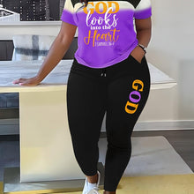 Load image into Gallery viewer, Plus Size Letter Print Two-piece Set, Crew Neck Short Sleeve Top &amp; Pants Outfits - Shop &amp; Buy

