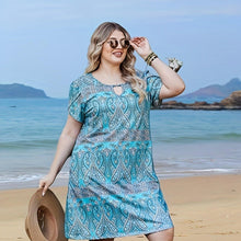Load image into Gallery viewer, Plus Size Mandala Print Tee Dress, Casual Crew Neck Hollow Short Sleeve Dress For Spring &amp; Summer - Shop &amp; Buy
