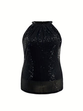 Load image into Gallery viewer, Plus Size Off the Shoulder Sequined Solid Halter Top - Stretchy Polyester Knit Fabric, Casual Sleeveless Top for Spring and Summer - Shop &amp; Buy

