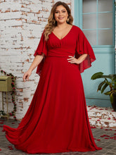 Load image into Gallery viewer, Plus Size Ruched Dress - Stunning Solid Color, Elegant V Neck, Irregular Sleeve, Brush Train Design for a Flattering Silhouette - Shop &amp; Buy
