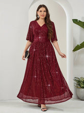 Load image into Gallery viewer, Plus Size Sequined Cinched Waist Dress - Accentuating Elegant V Neck, Half Sleeve, and Flattering Silhouette - Shop &amp; Buy
