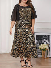 Load image into Gallery viewer, Plus Size Sequined Mesh Stitching Dress, Elegant Crew Neck Cape Sleeve Dress For Party &amp; Banquet - Shop &amp; Buy
