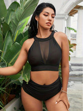 Load image into Gallery viewer, Plus Size Sexy Bikini Set, Women&#39;s Plus Solid Contrast Mesh Halter Neck Bra &amp; Panty Swimsuit Two Piece Set - Shop &amp; Buy
