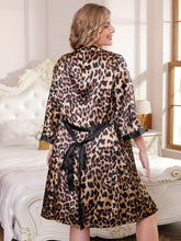 Load image into Gallery viewer, Plus Size Sexy Lounge Set, Women&#39;s Plus Leopard Print Contrast Binding Open Front Satin Belted Robe &amp; Cami Dress - Shop &amp; Buy

