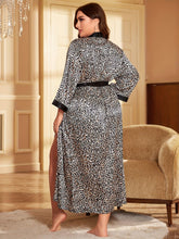 Load image into Gallery viewer, Plus Size Sexy Nightdress, Women&#39;s Plus Satin Leopard Print Contrast Binding Long Sleeve Open Front Belted Bathrobe - Shop &amp; Buy
