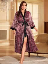 Load image into Gallery viewer, Plus Size Sexy Nightdress, Women&#39;s Plus Satin Leopard Print Contrast Binding Long Sleeve Open Front Belted Bathrobe - Shop &amp; Buy

