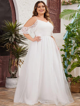 Load image into Gallery viewer, Plus Size Solid Cold Shoulder Wedding Dress, Elegant Lace Stitching Short Sleeve Party Dress - Shop &amp; Buy
