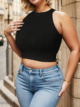 Load image into Gallery viewer, Plus Size Solid Color Ribbed Top Set, Sleeveless Crop Top &amp; Deep V Neck Long Sleeve Split Top - Shop &amp; Buy
