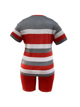 Load image into Gallery viewer, Plus Size Stripe &amp; Letter Print Two-piece Set, Crew Neck Short Sleeve Top &amp; Skinny Shorts Outfits - Shop &amp; Buy
