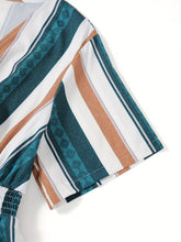Load image into Gallery viewer, Plus Size Striped Elastic Waist Romper Jumpsuit, Vacation Style Surplice Neck Tassel Hem Short Sleeve Romper Jumpsuit - Shop &amp; Buy

