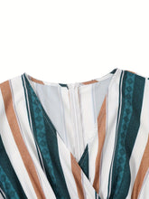Load image into Gallery viewer, Plus Size Striped Elastic Waist Romper Jumpsuit, Vacation Style Surplice Neck Tassel Hem Short Sleeve Romper Jumpsuit - Shop &amp; Buy
