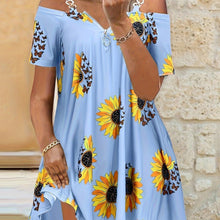 Load image into Gallery viewer, Plus Size Sunflower Print Cold Shoulder Dress with Chain Detail - Flattering &amp; Trendy Short Sleeve Style - Shop &amp; Buy
