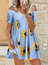 Load image into Gallery viewer, Plus Size Sunflower Print Cold Shoulder Dress with Chain Detail - Flattering &amp; Trendy Short Sleeve Style - Shop &amp; Buy
