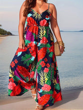 Load image into Gallery viewer, Plus Size Tropical Print Cami Wide Leg Jumpsuit, Vacation Style Backless Cinched Waist V Neck Sleeveless Jumpsuit - Shop &amp; Buy
