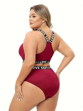 Load image into Gallery viewer, Plus Size Two-Piece Lingerie Set - Flattering Letter Tape Halter Neck, Medium Stretch Bra &amp; Panty - Shop &amp; Buy
