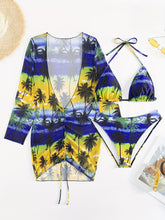 Load image into Gallery viewer, Plus Size Vacay Bikini Set, Women&#39;s Plus Tropical Print Triangle Halter Bra &amp; High Waisted Panty &amp; Lace Up Long Sleeve Cover Up - Shop &amp; Buy
