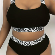 Load image into Gallery viewer, Plus Size Vacay Swimsuit Set, Women&#39;s Plus Leopard Round Neck High Stretch Cami Top &amp; Panty Swimsuit Two Piece Set - Shop &amp; Buy
