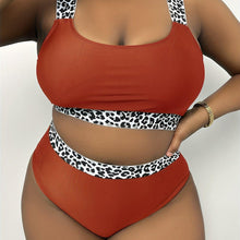Load image into Gallery viewer, Plus Size Vacay Swimsuit Set, Women&#39;s Plus Leopard Round Neck High Stretch Cami Top &amp; Panty Swimsuit Two Piece Set - Shop &amp; Buy
