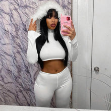 Load image into Gallery viewer, Plush Hooded Top Two Piece Set Women Outfits Lounge Wear Crop Top + Pencil Pants Skinny Clubwear Suits Fitness Workout - Shop &amp; Buy
