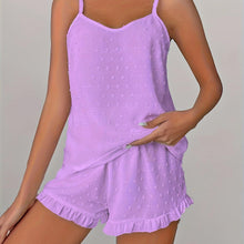 Load image into Gallery viewer, Pompom Solid Pajama Set, V Neck Cami Top &amp; Ruffle Shorts, Women&#39;s Sleepwear &amp; Loungewear - Shop &amp; Buy
