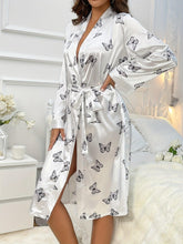 Load image into Gallery viewer, Printed Butterfly Pattern Nightgown, Deep V Long Sleeve Sleep Robe With Belt, Womens Sexy Lingerie &amp; Underwear - Shop &amp; Buy
