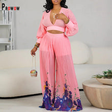 Load image into Gallery viewer, Prowow Chiffon Women Two Piece Suits V-neck Crop Tops Print Wide Leg Pant Spring Summer Fashion Clothing Set Loose Style - Shop &amp; Buy
