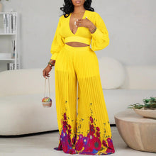 Load image into Gallery viewer, Prowow Chiffon Women Two Piece Suits V-neck Crop Tops Print Wide Leg Pant Spring Summer Fashion Clothing Set Loose Style - Shop &amp; Buy
