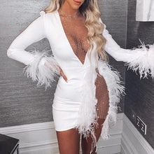Load image into Gallery viewer, Prowow Diamonds Women Birthday Party Evening Dress Feather Long Sleeve Slim Fit Clothing Solid Color Mesh Spliced Lady Clothing - Shop &amp; Buy

