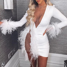 Load image into Gallery viewer, Prowow Diamonds Women Birthday Party Evening Dress Feather Long Sleeve Slim Fit Clothing Solid Color Mesh Spliced Lady Clothing - Shop &amp; Buy
